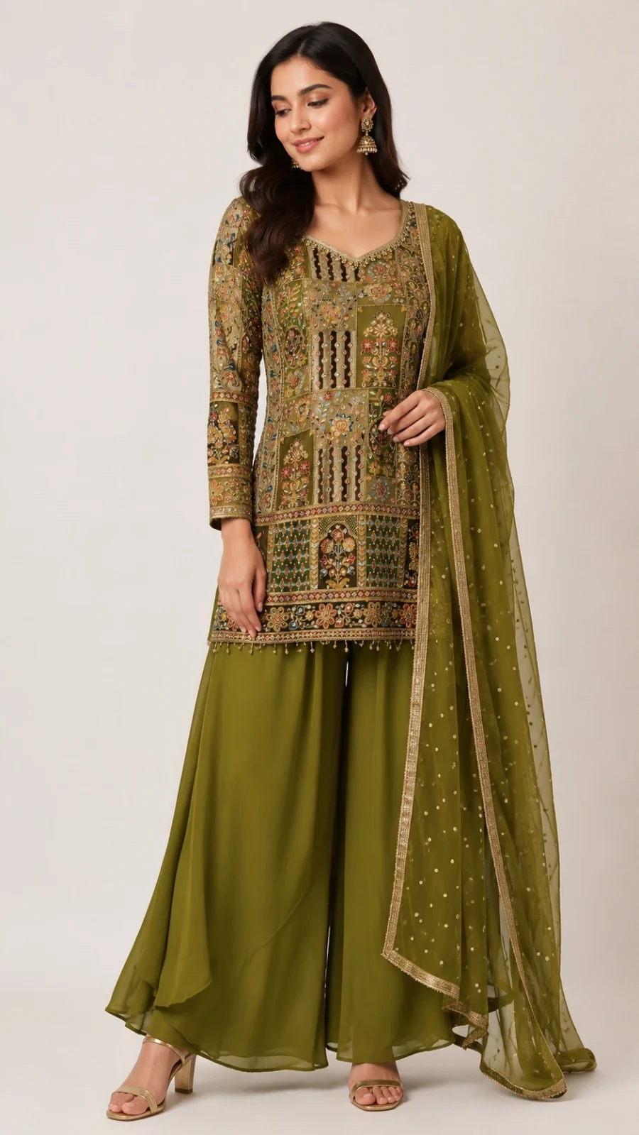 Olive Green Embroidered Designer Kurta Palazzo Set with Dupatta