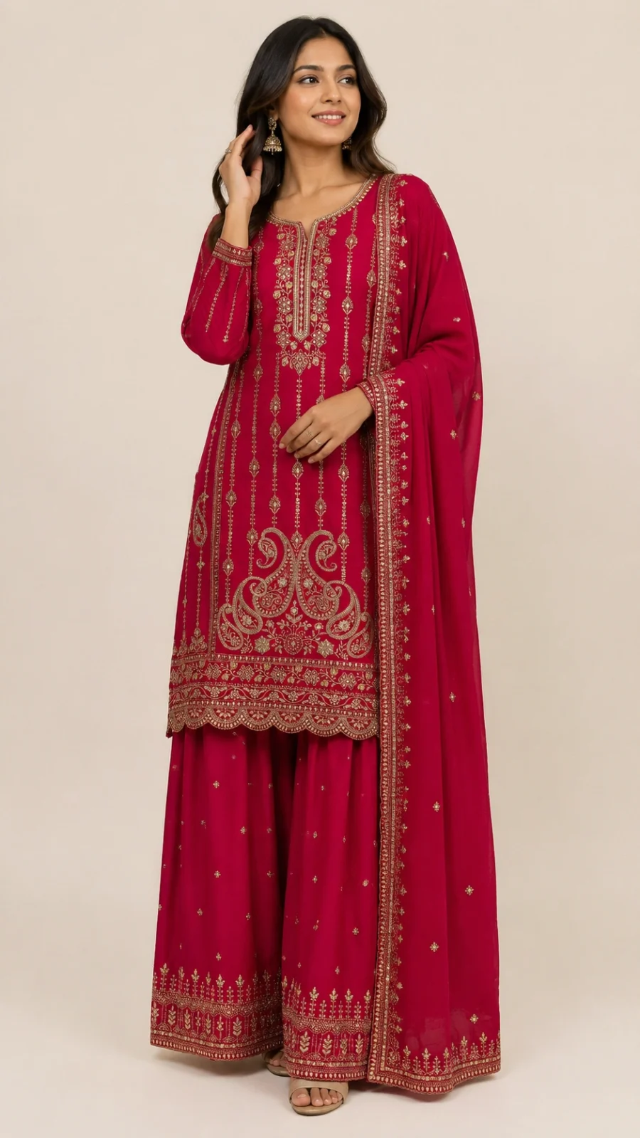 Women's Rani Pink Embroidered Kurta Palazzo Set with Dupatta