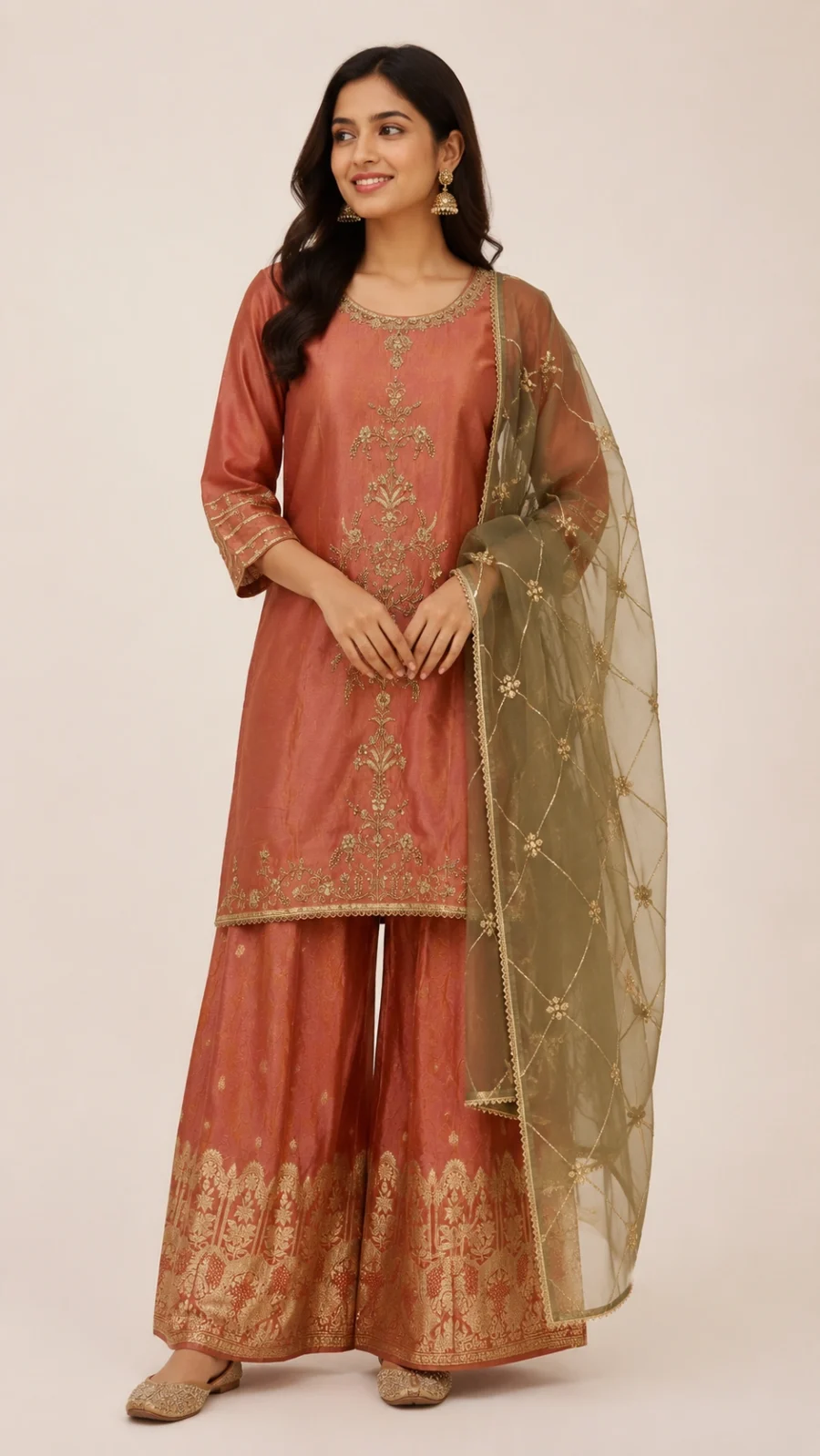 Rust Rose Embroidered Kurta Palazzo Set with Woven Border Dupatta