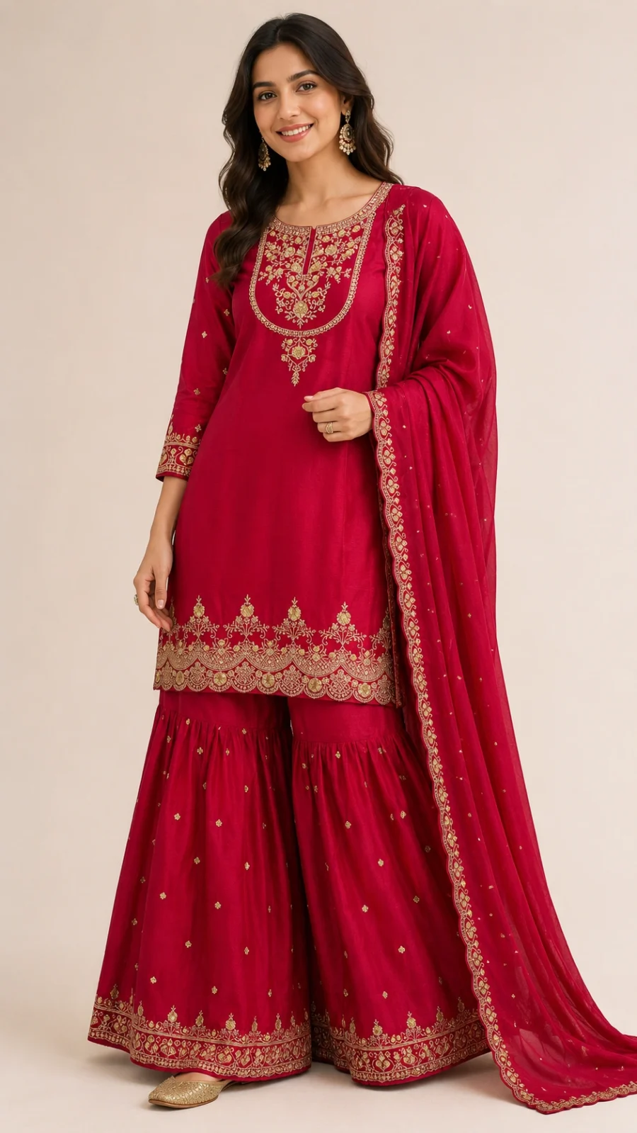 Women's Magenta Embroidered Kurta with Sharara & Dupatta Set