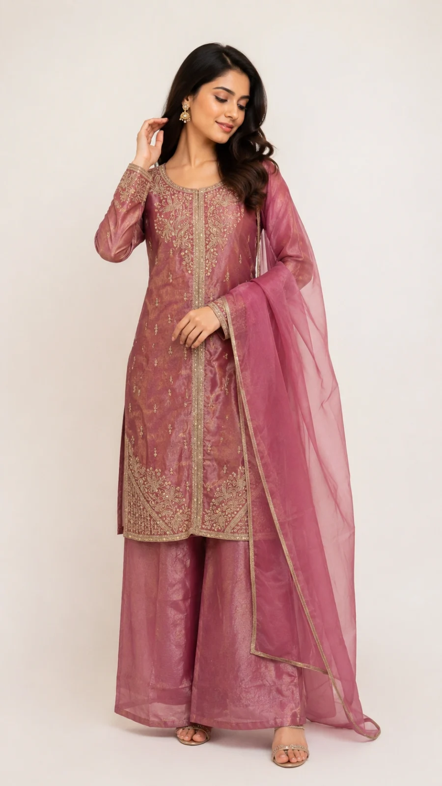 Mauve Embroidered Organza Straight Kurta Set with Palazzo & Dupatta
