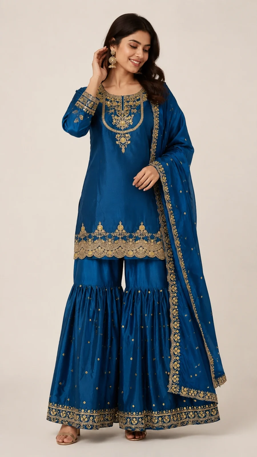 Royal Blue Embroidered Kurta Set with Gharara & Dupatta