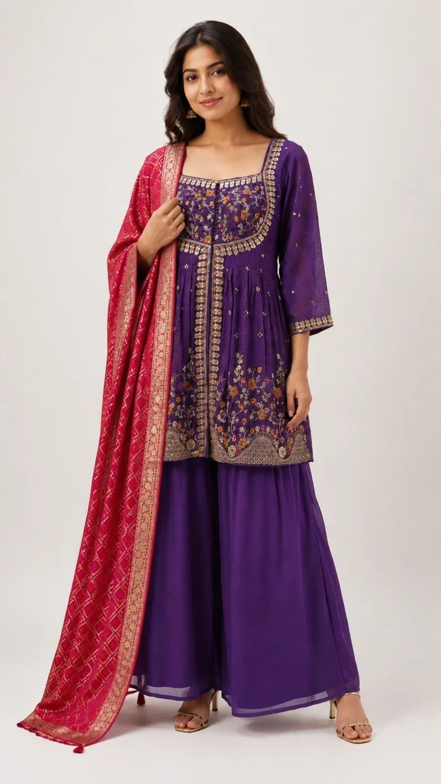 Purple Embroidered Kurta with Palazzo & Banarasi Dupatta Set