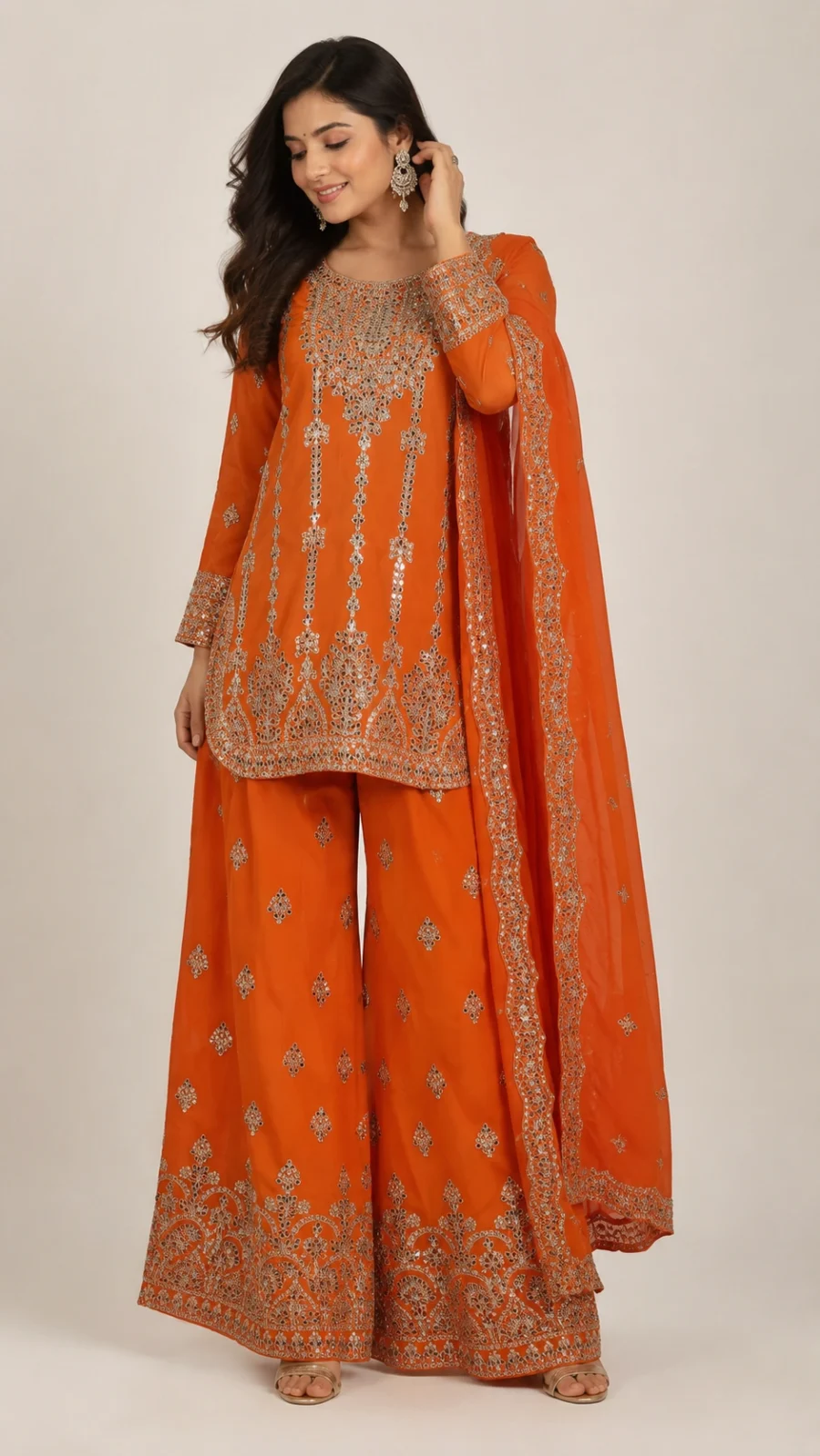 Orange Mirror Embroidered Straight Kurta with Palazzo & Dupatta Set