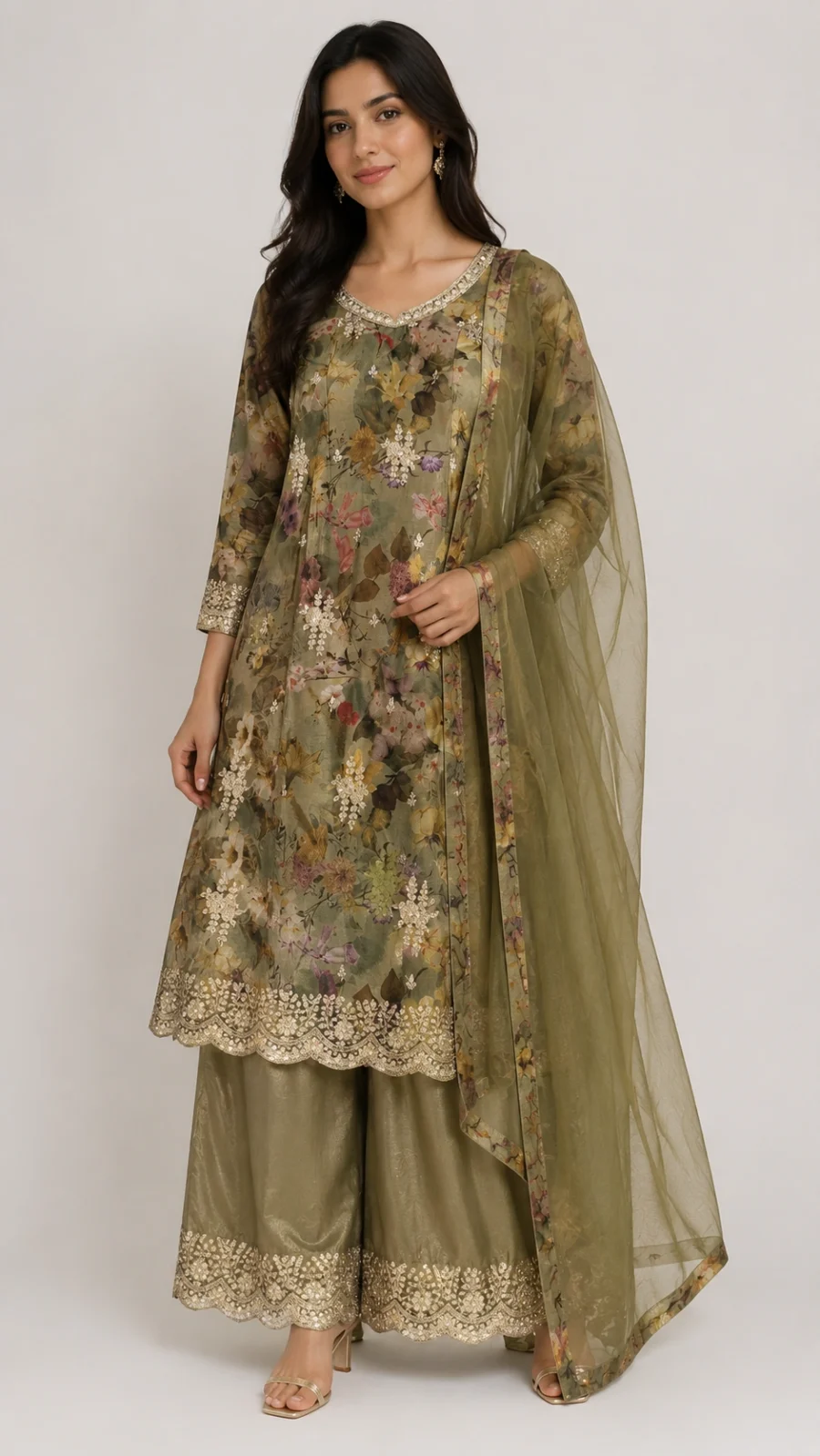Olive Bloom Floral Printed Kurta Set with Embroidered Palazzo & Organza Dupatta