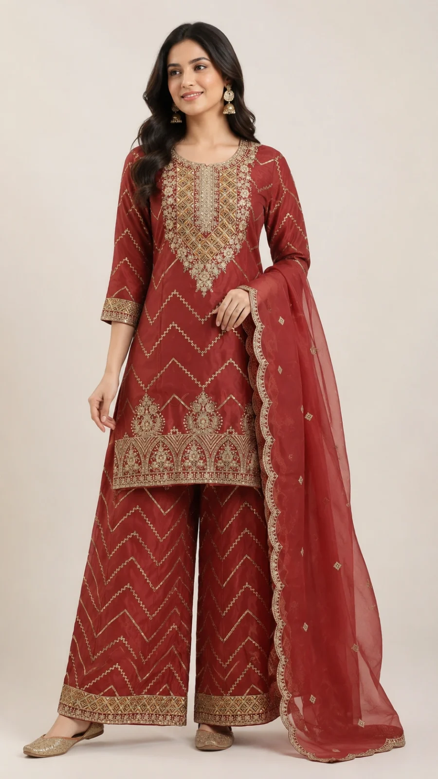 Maroon Embroidered Kurta Set with Chevron Palazzo & Organza Dupatta