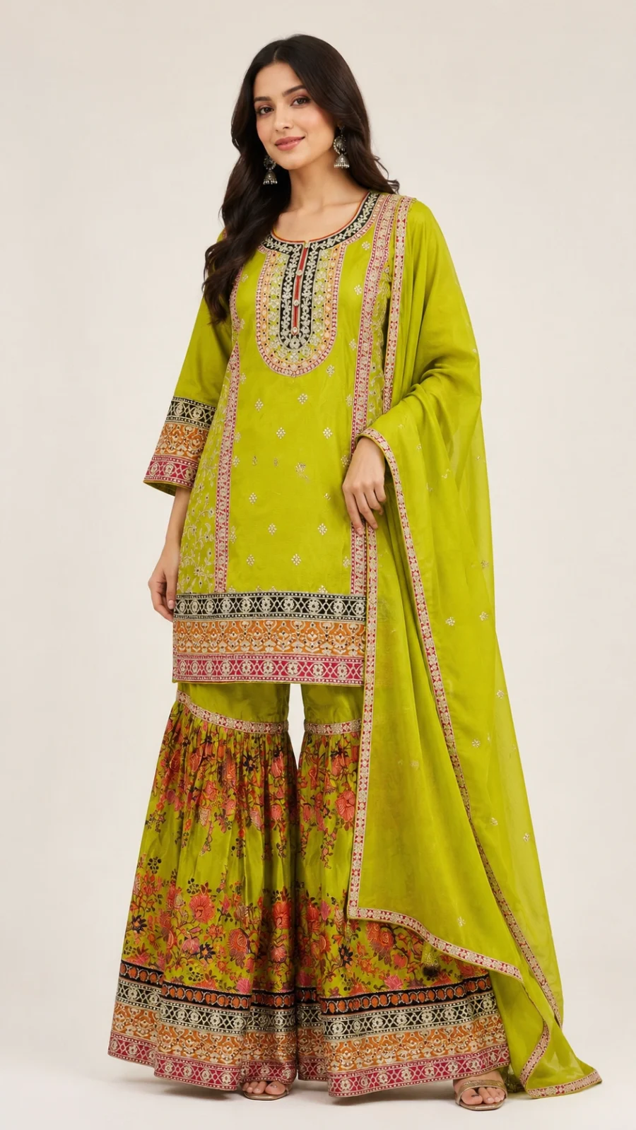 Mehreen Olive Green Embroidered Kurta with Printed Gharara & Dupatta Set