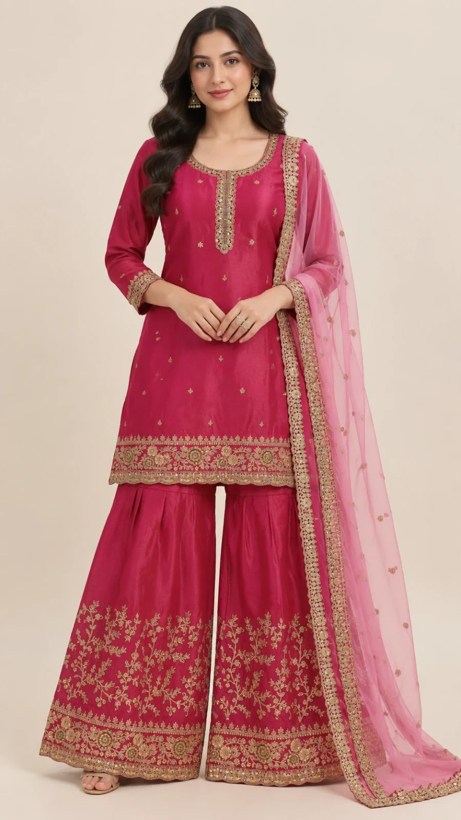 Women's Rani Pink Embroidered Kurta Palazzo Set with Net Dupatta