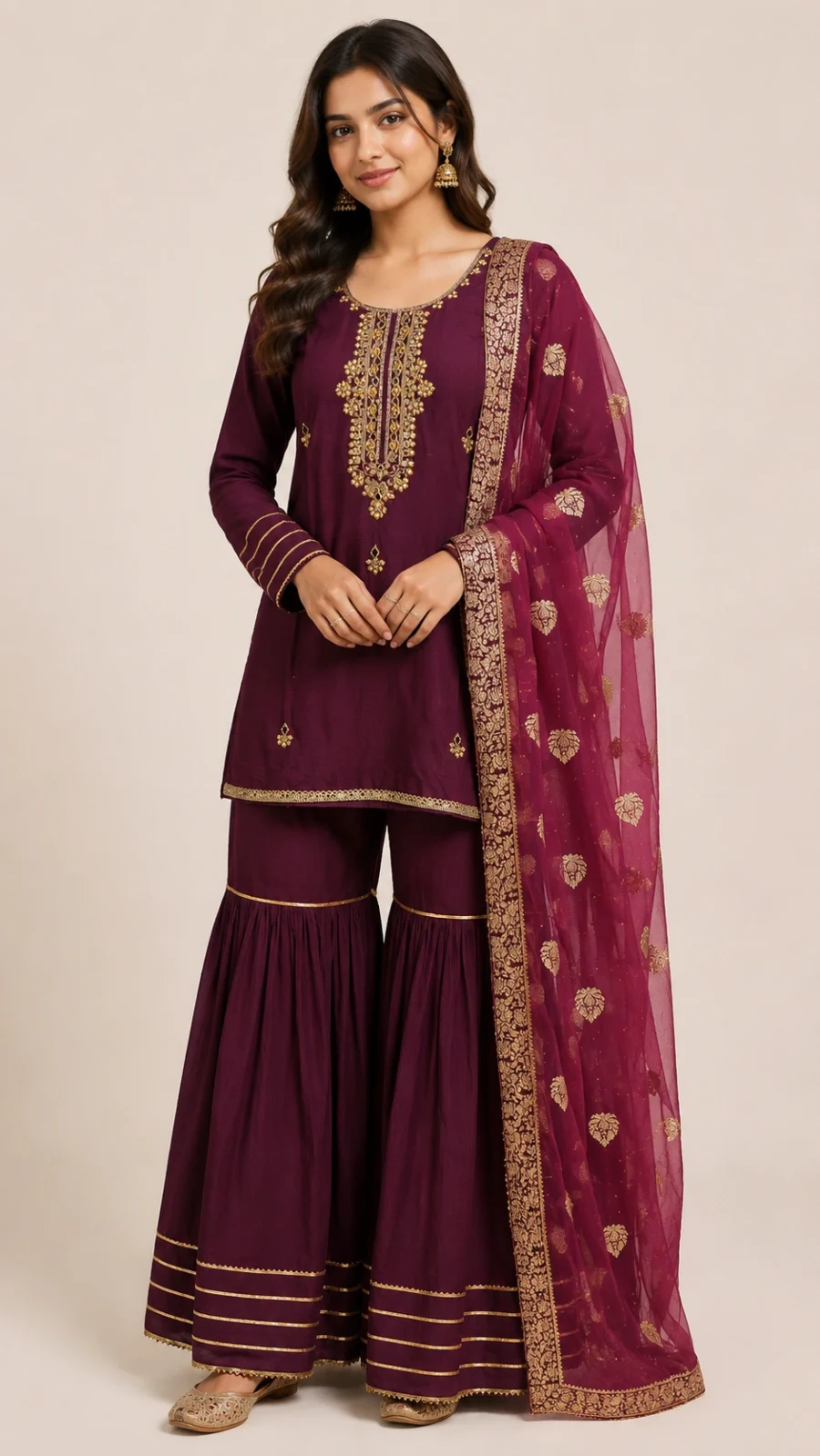 Women's Wine Embroidered Kurta with Gharara & Banarasi Dupatta Set