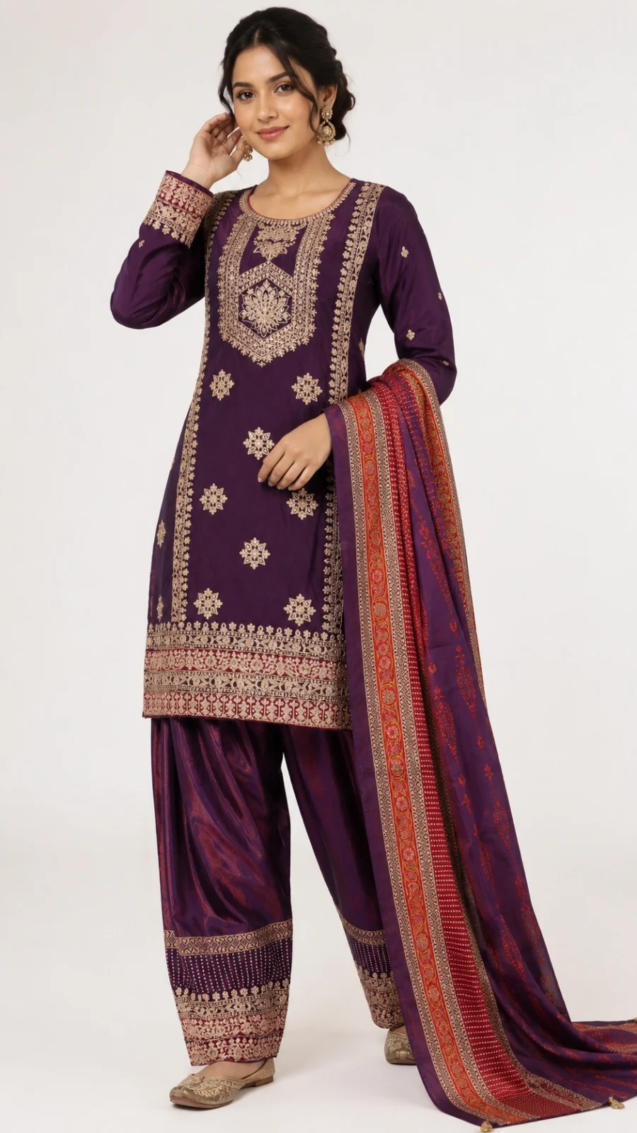 Royal Purple Embroidered Straight Kurta Set with Patiala Salwar & Dupatta