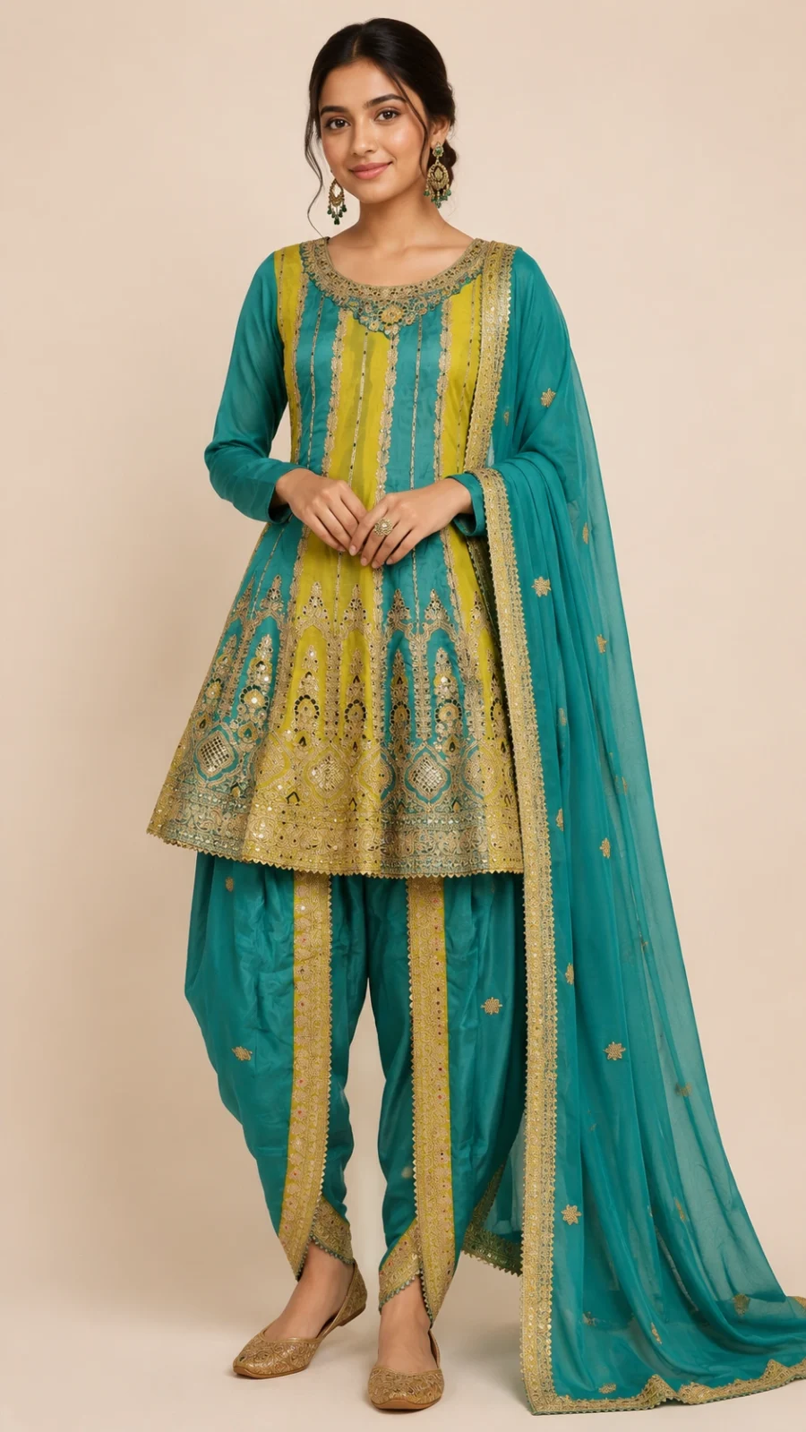 Teal & Mustard Embroidered Peplum Kurta with Dhoti Pants & Dupatta Set