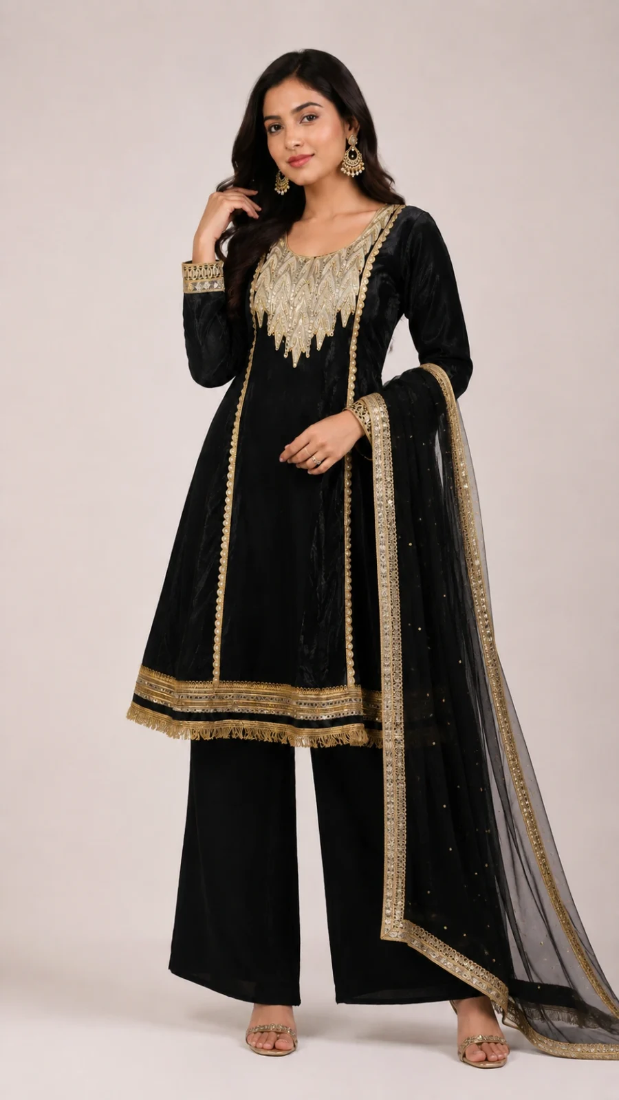 Women's Black Velvet Embellished Kurta Palazzo Set with Dupatta
