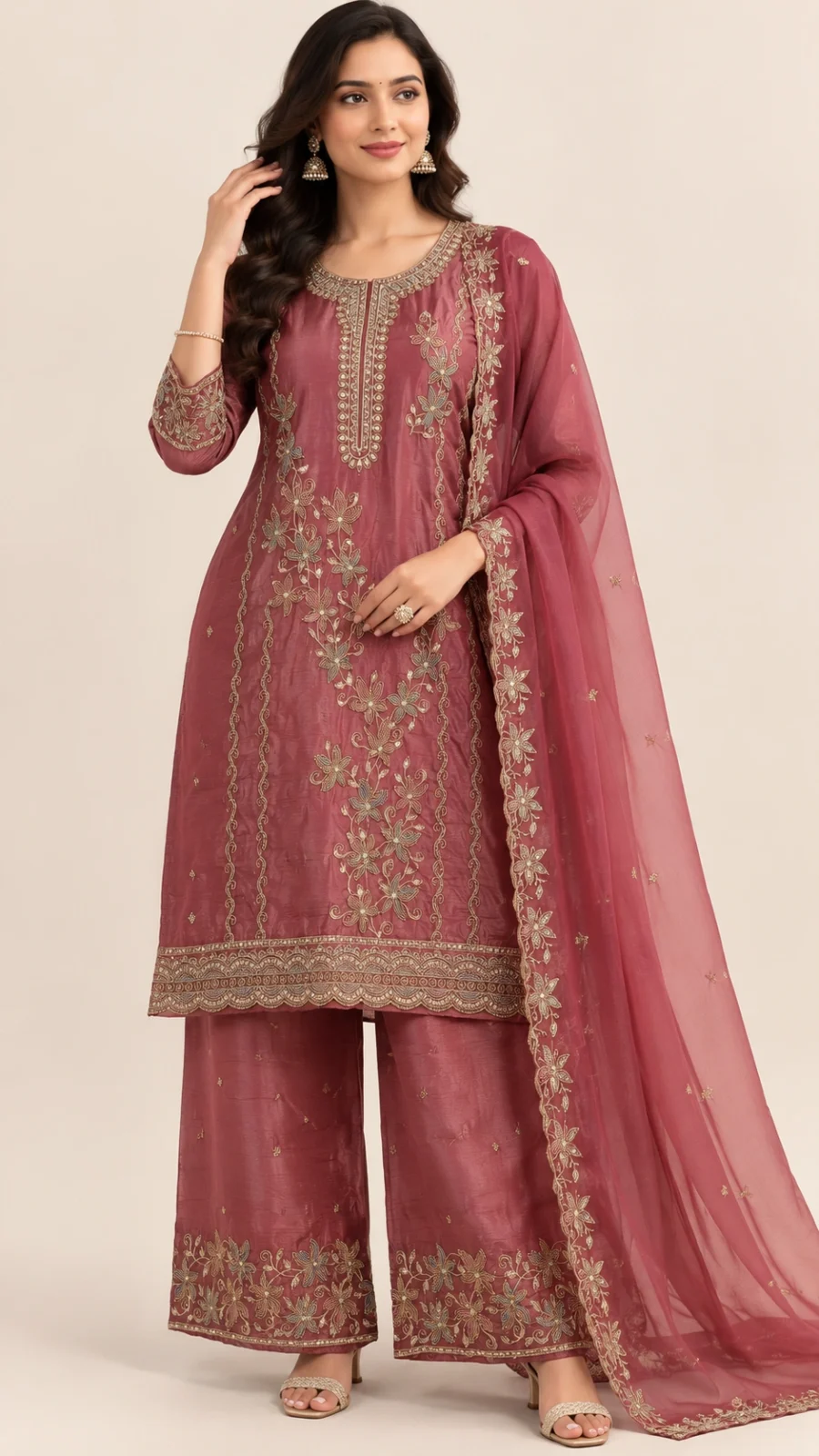 Dusty Rose Embroidered Silk Blend Kurta Palazzo Set with Dupatta