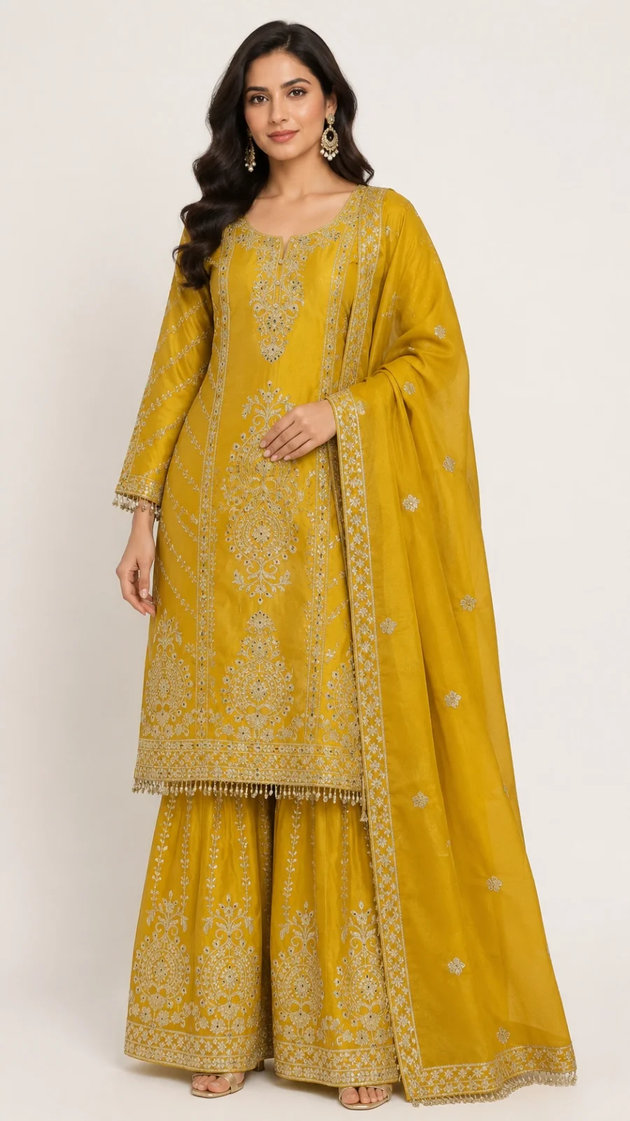 Mustard Yellow Embroidered Kurta Set with Sharara & Dupatta
