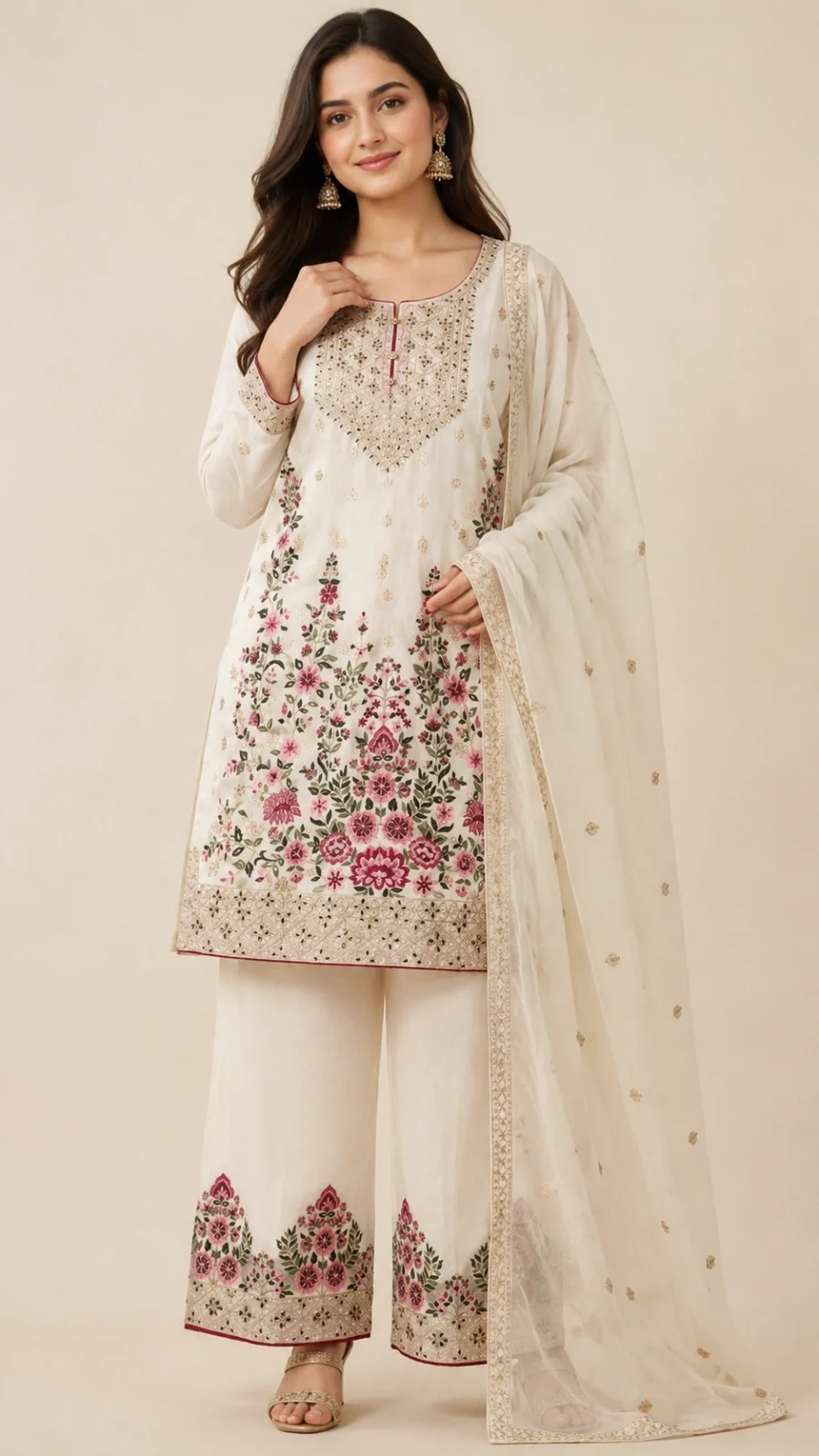 Ivory Floral Embroidered Kurta Palazzo Set with Organza Dupatta