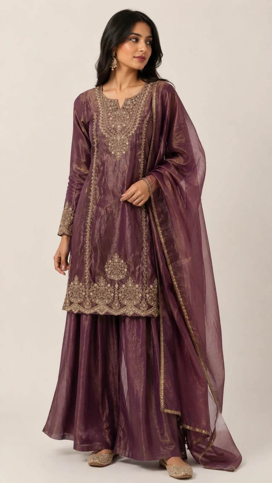 Women's Purple Shimmer Embroidered Kurta Palazzo Set with Organza Dupatta