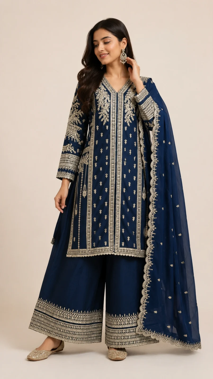 Navy Blue Heavy Embroidered Kurta Palazzo Suit Set with Dupatta