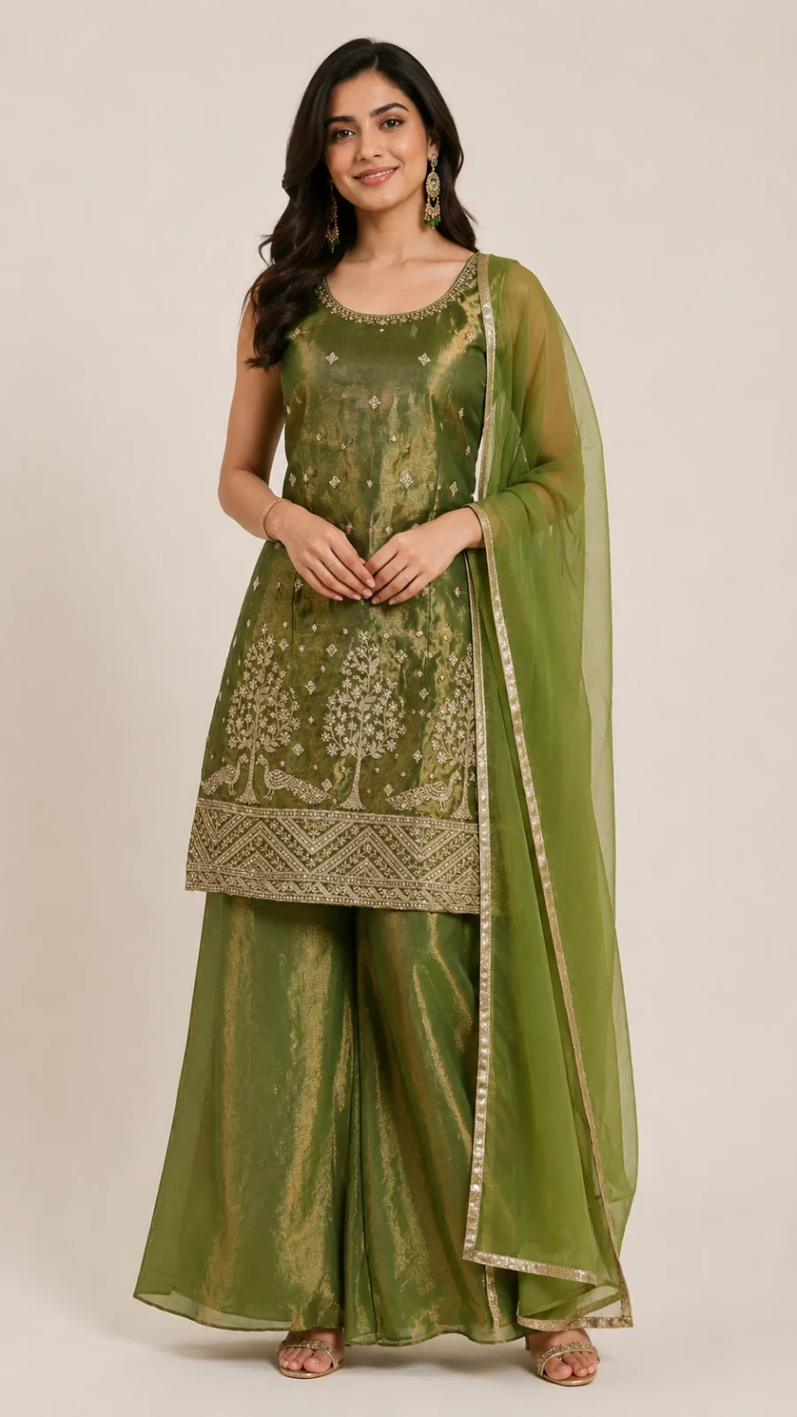 Olive Green Embroidered Kurta Sharara Set with Organza Dupatta