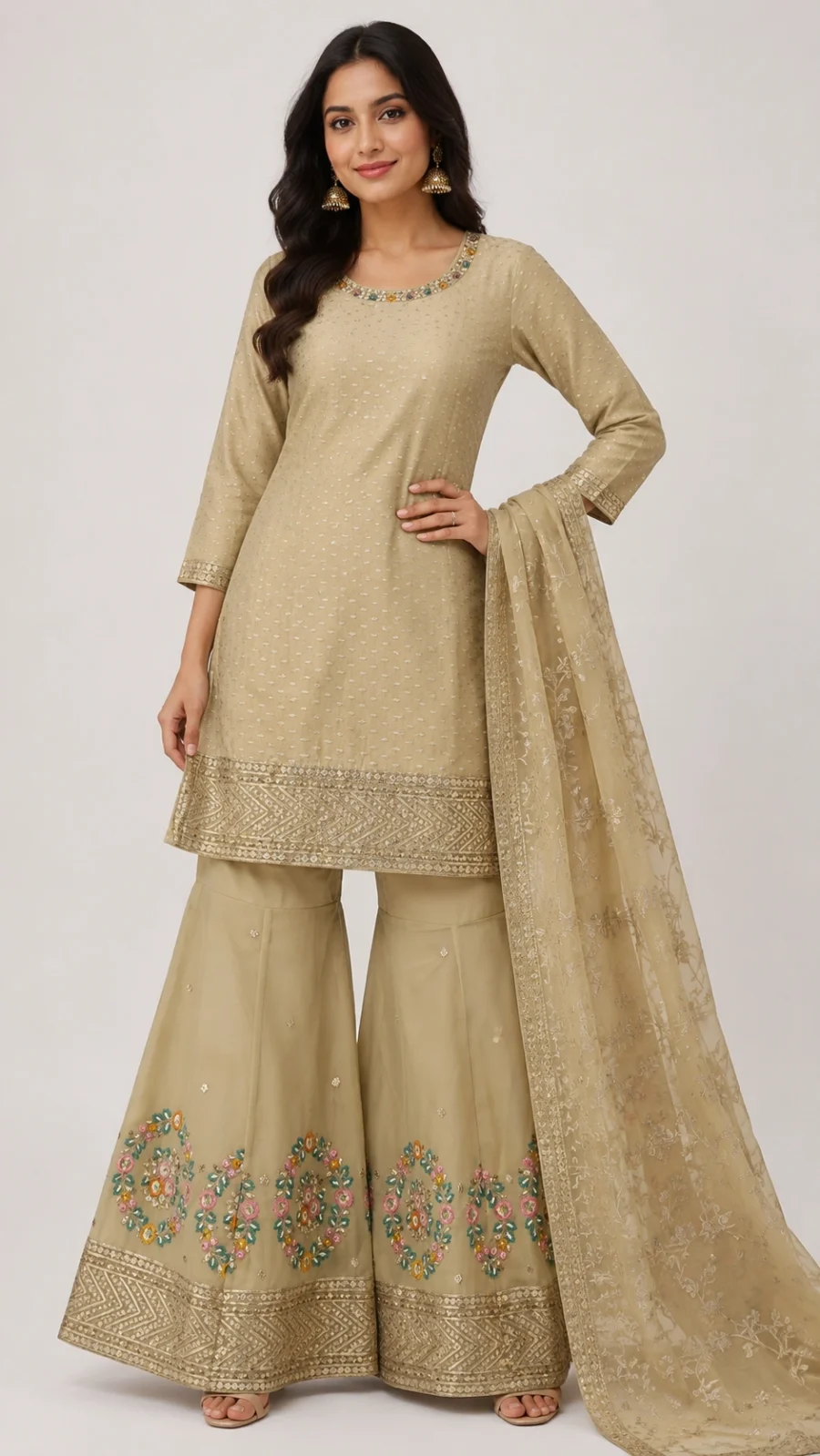 Beige Embroidered Kurta with Floral Sharara & Organza Dupatta Set