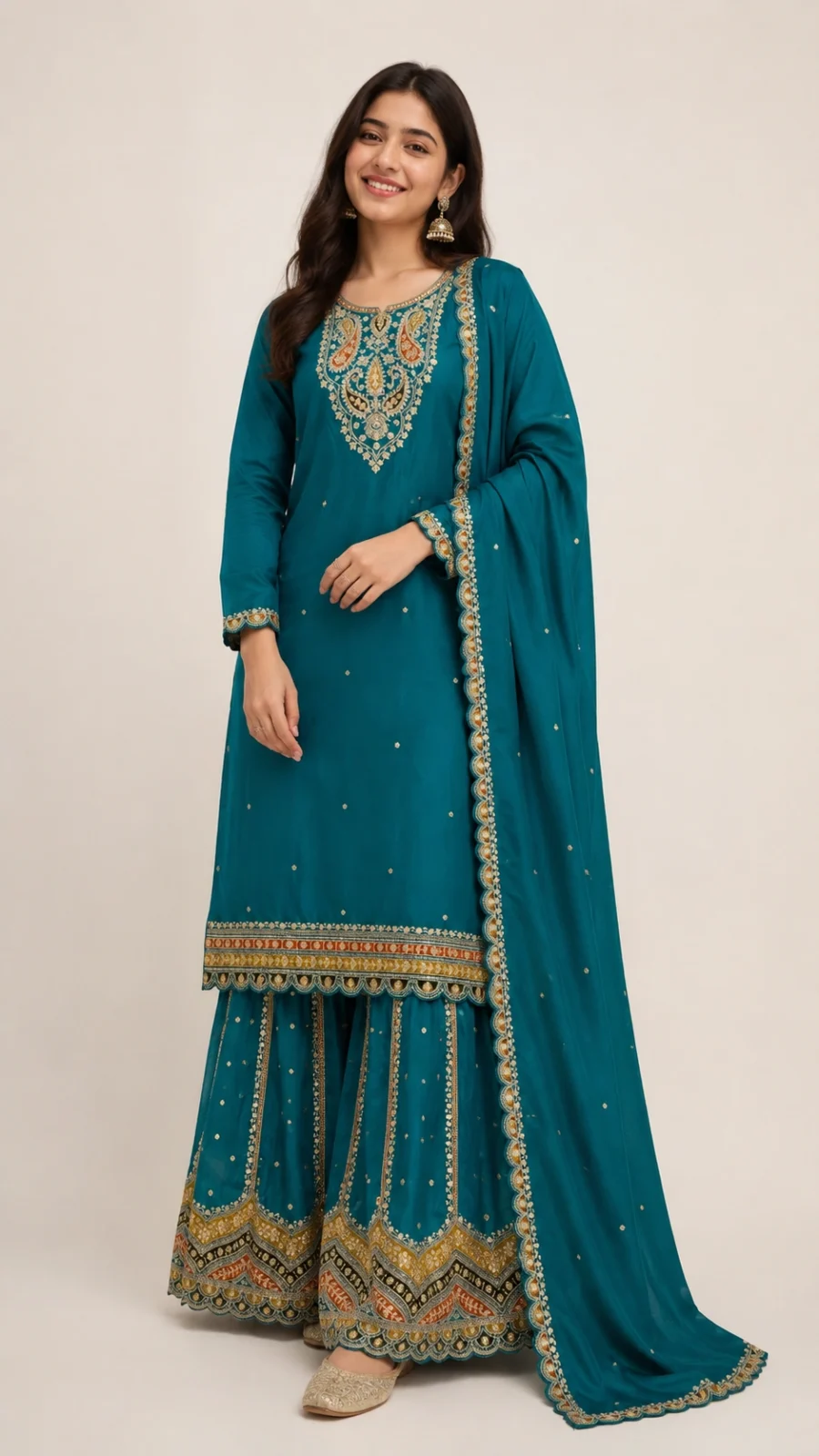 Teal Embroidered Kurta with Sharara & Dupatta Set