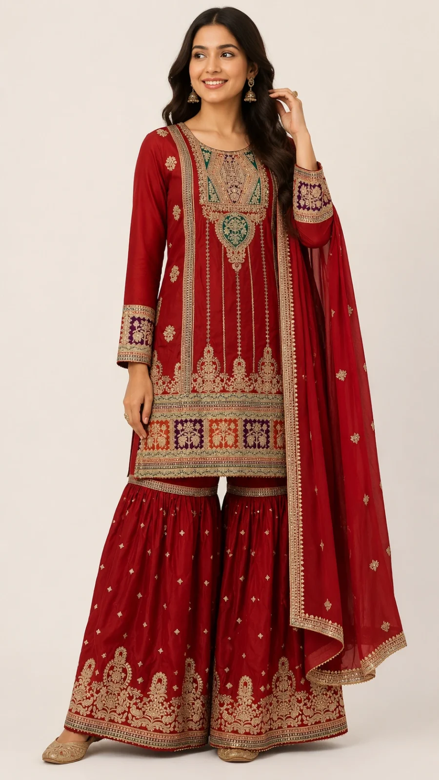Maroon Embroidered Silk Blend Kurta Sharara Set with Dupatta