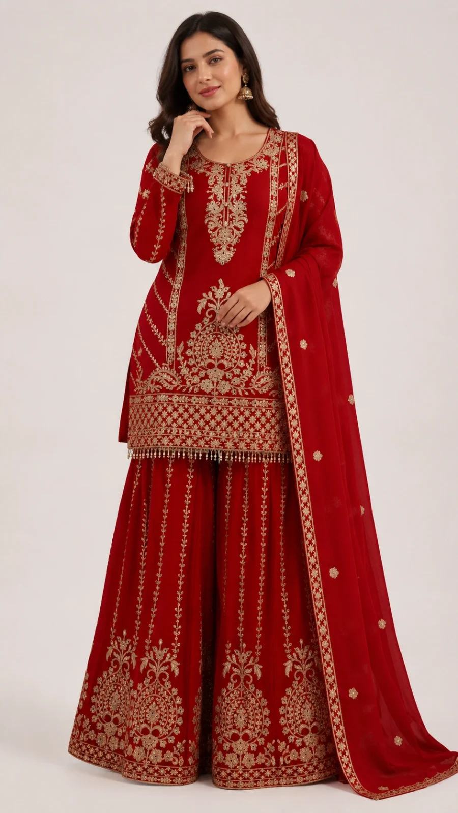 Ruby Red Embroidered Kurta Sharara Set with Dupatta