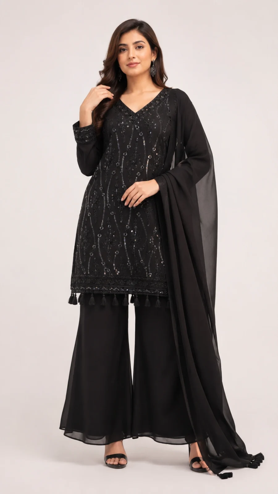 Elegant Black Sequin Embroidered Kurta Set with Palazzo & Dupatta