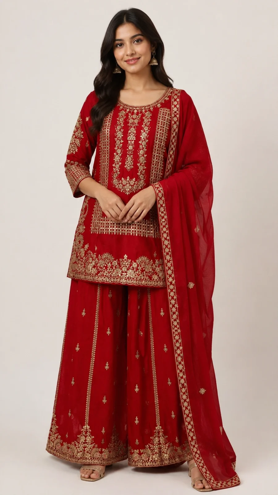 Ruby Red Embroidered Kurta with Palazzo & Dupatta Set