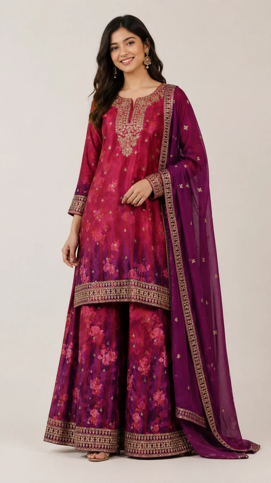 Wine & Purple Floral Printed Embroidered Kurta Palazzo Set with Dupatta
