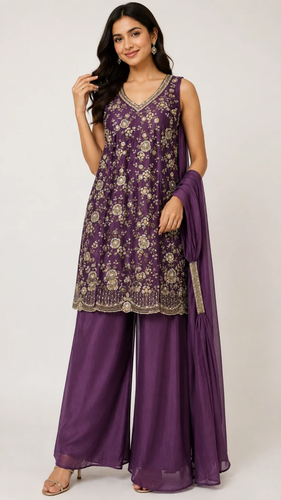 Women's Purple Floral Embroidered Kurta Palazzo Set with Dupatta