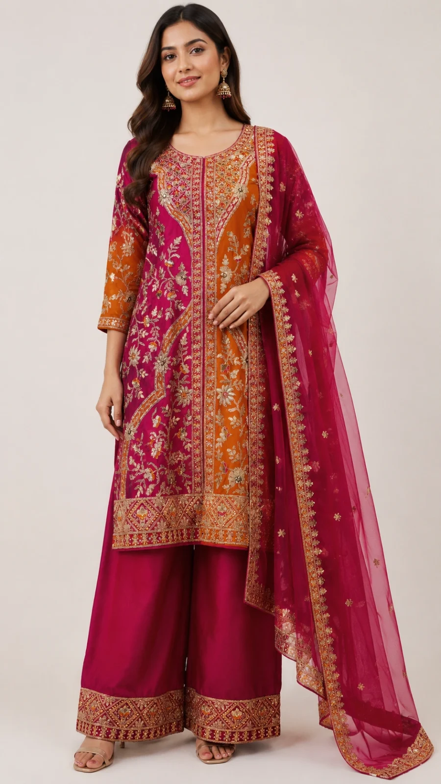 Women's Magenta & Orange Embroidered Straight Kurta with Palazzo & Dupatta Set