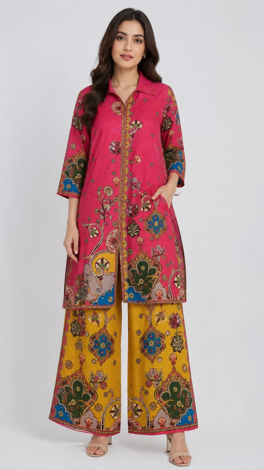 Pink Floral Printed Kurta & Mustard Palazzo Co-ord Set