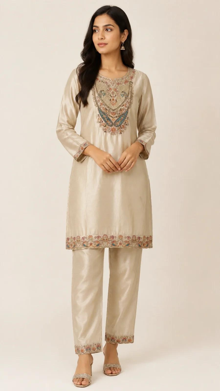Champagne Beige Embroidered Silk Blend Co-ord Set