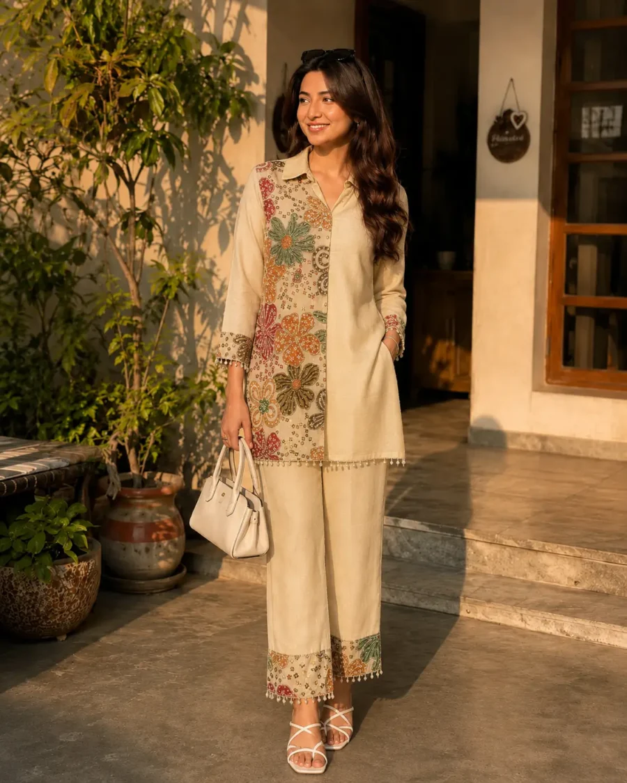 Floral Harmony Beige Kurta Pant Co-Ord Set