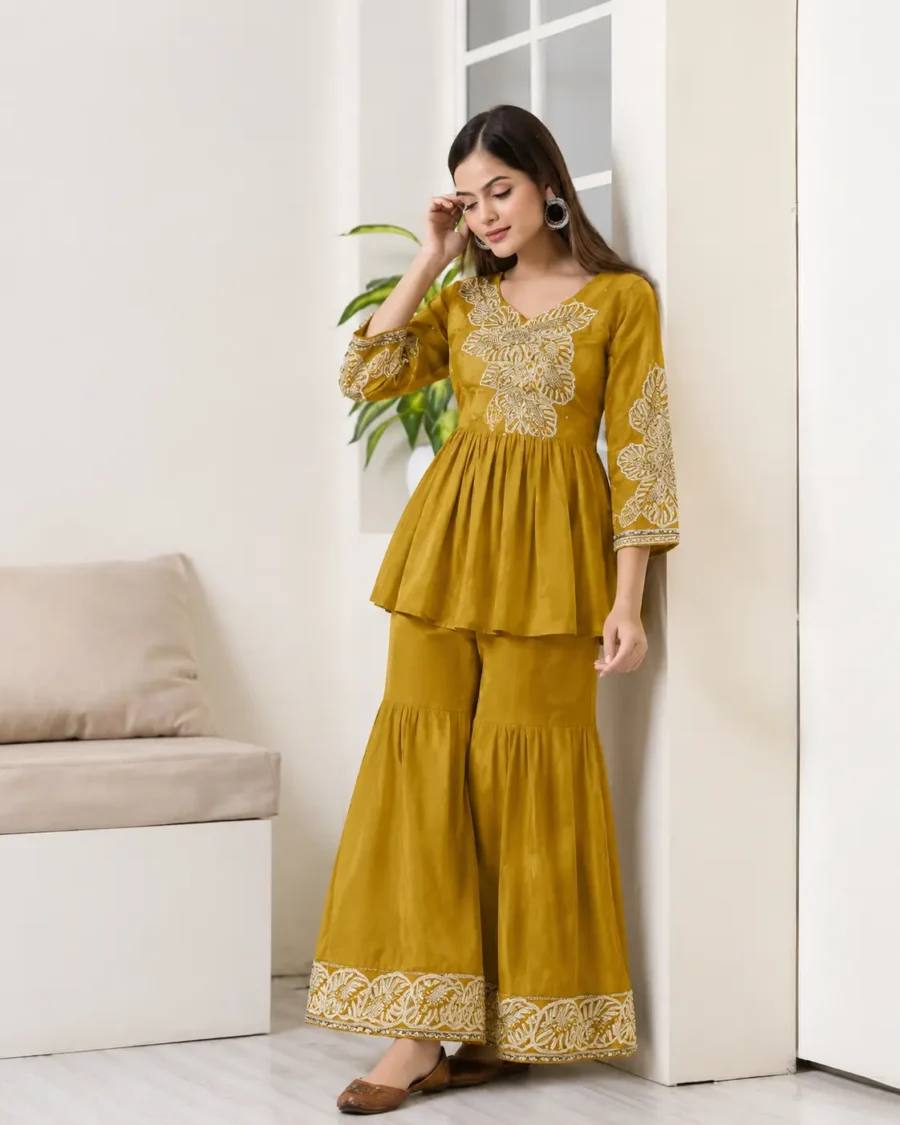 Mustard Elegance Embroidered Peplum Co-Ord Set