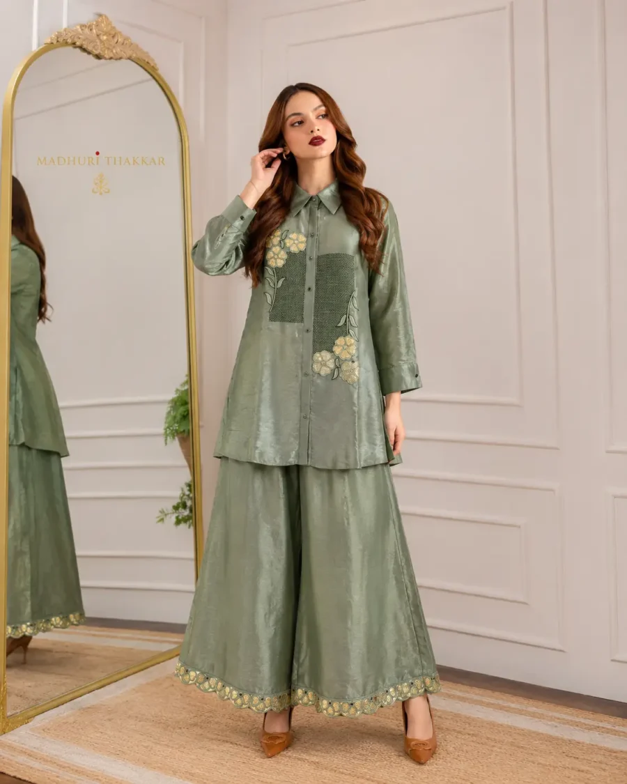 Sage Blossom Embroidered Shirt & Palazzo Co-Ord Set