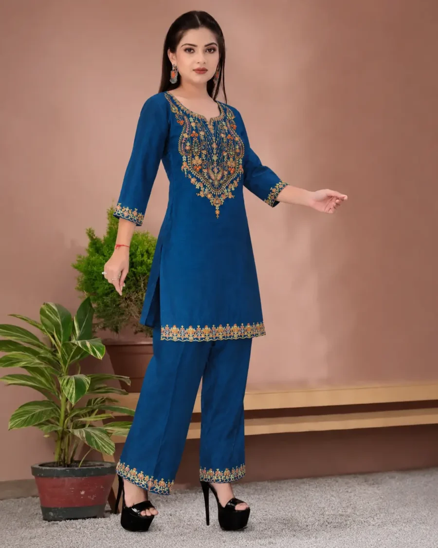 Royal Blue Embroidered Kurta Pant Co-Ord Set
