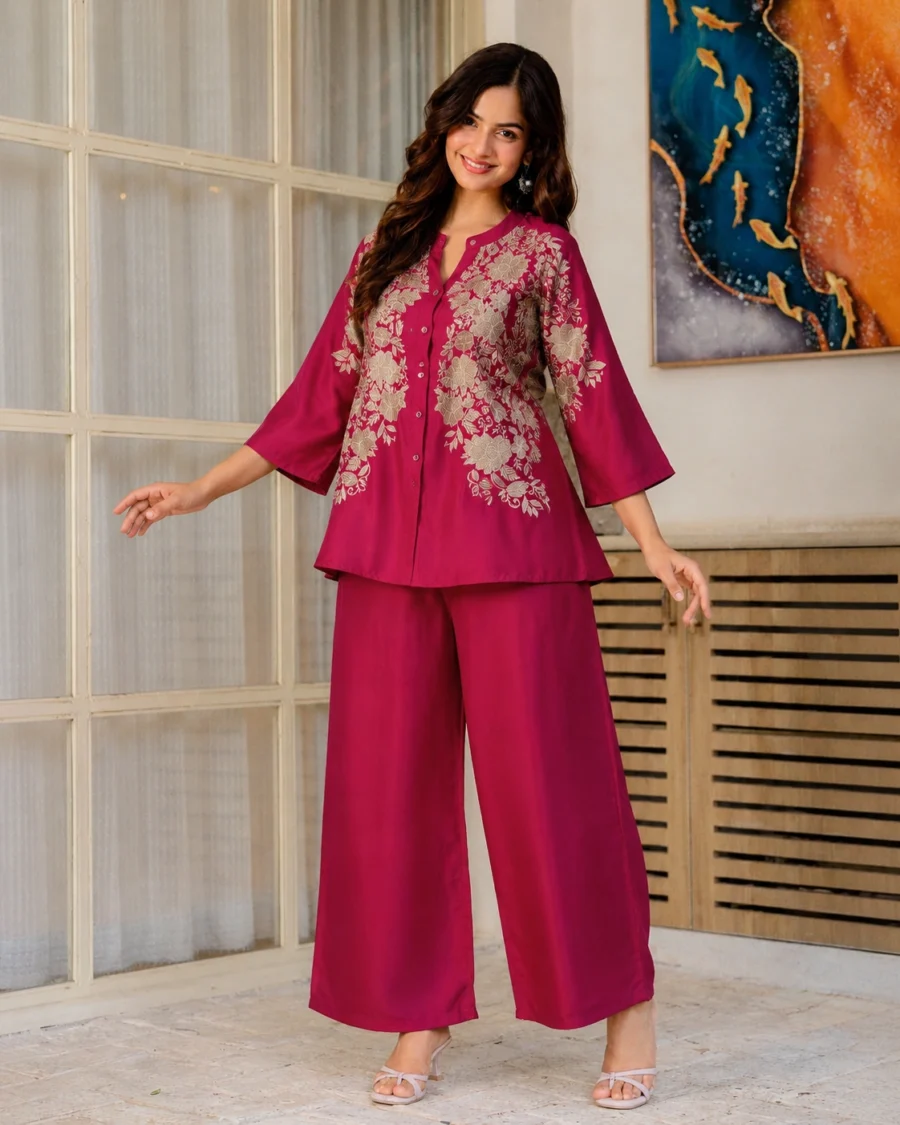 Magenta Bloom Embroidered Co-Ord Set