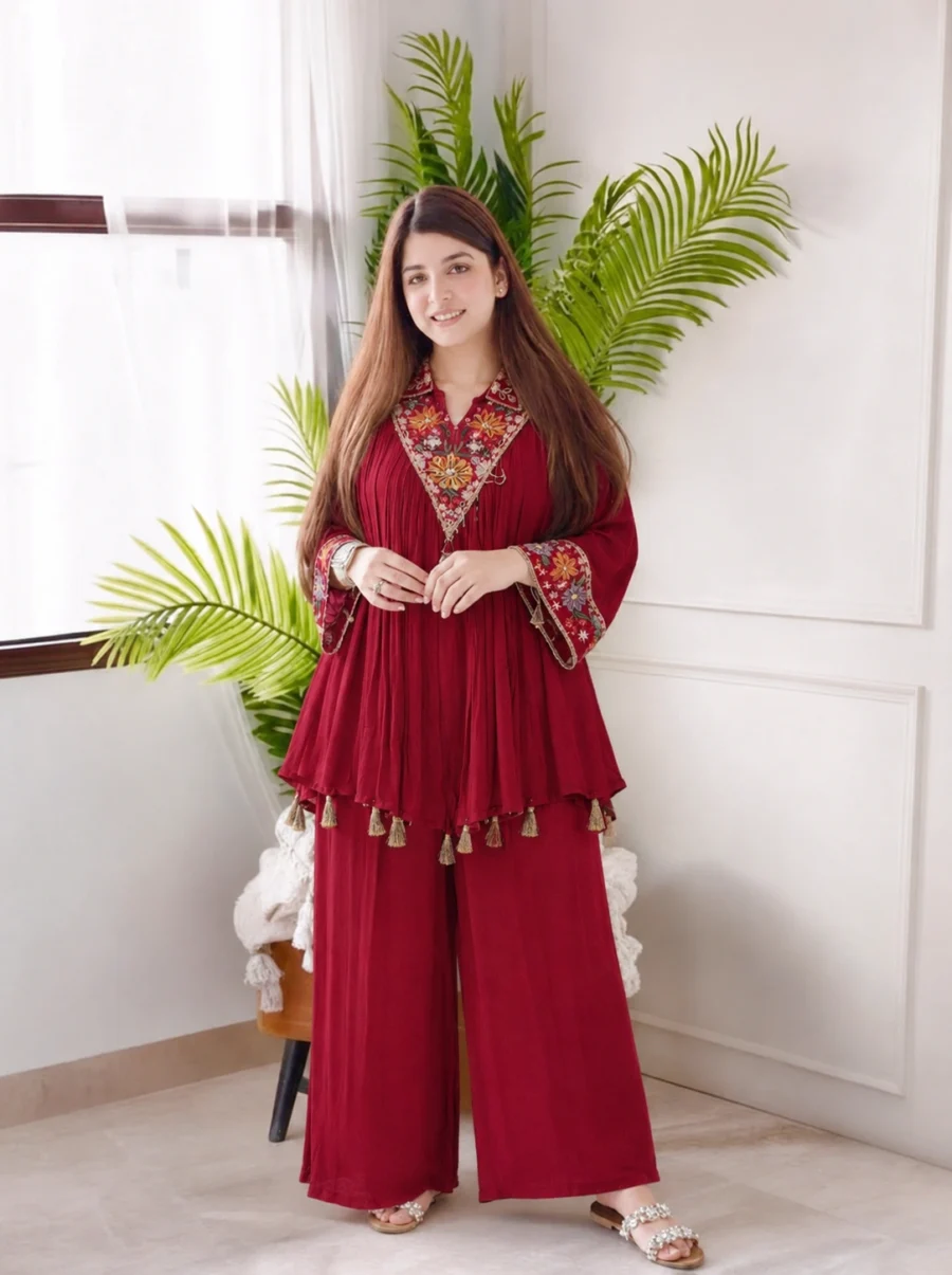Crimson Embroidered Tassel Peplum Co-Ord Set