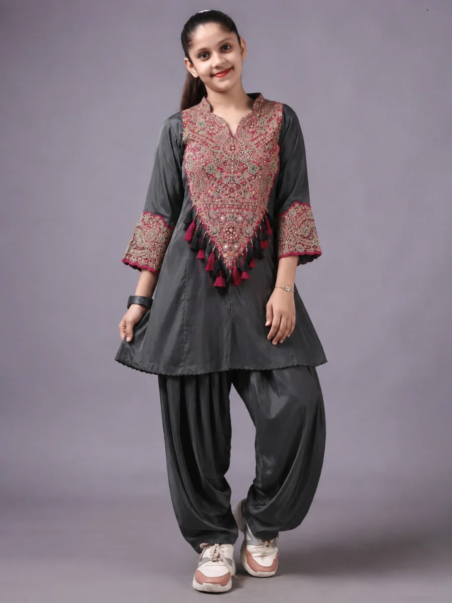 Charcoal Embroidered Girls Kurta & Dhoti Pant Set