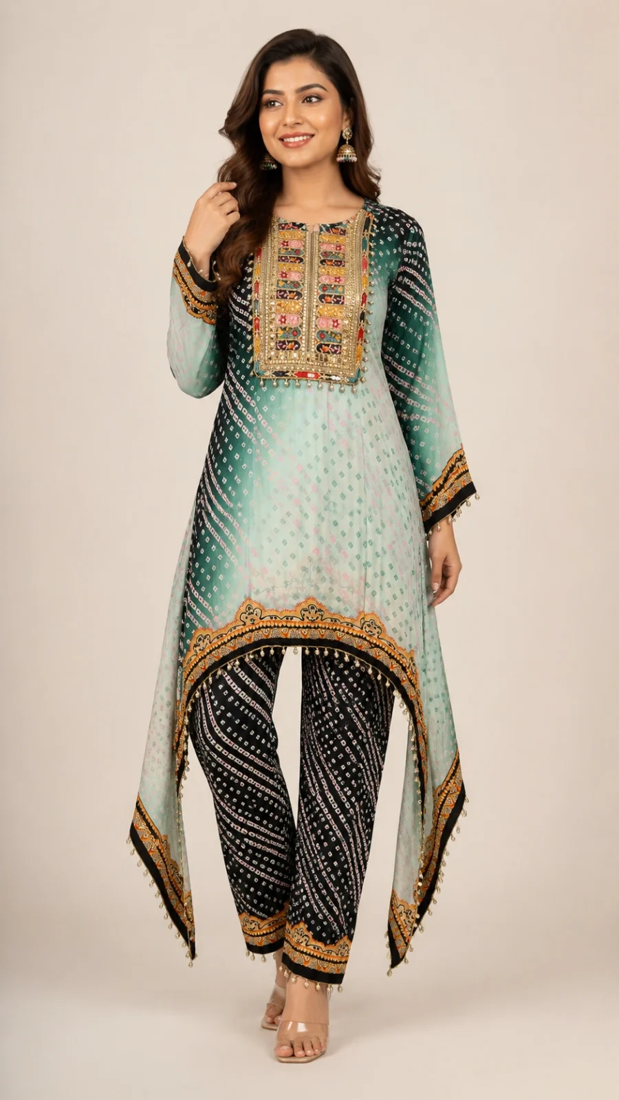 Mint Green Embroidered Asymmetric Kurta Co-Ord Set