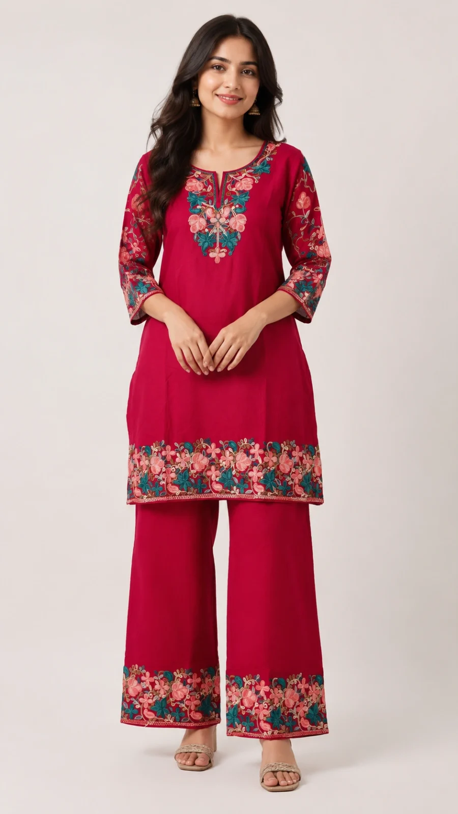 Floral Embroidered Magenta Kurta Co-ord Set