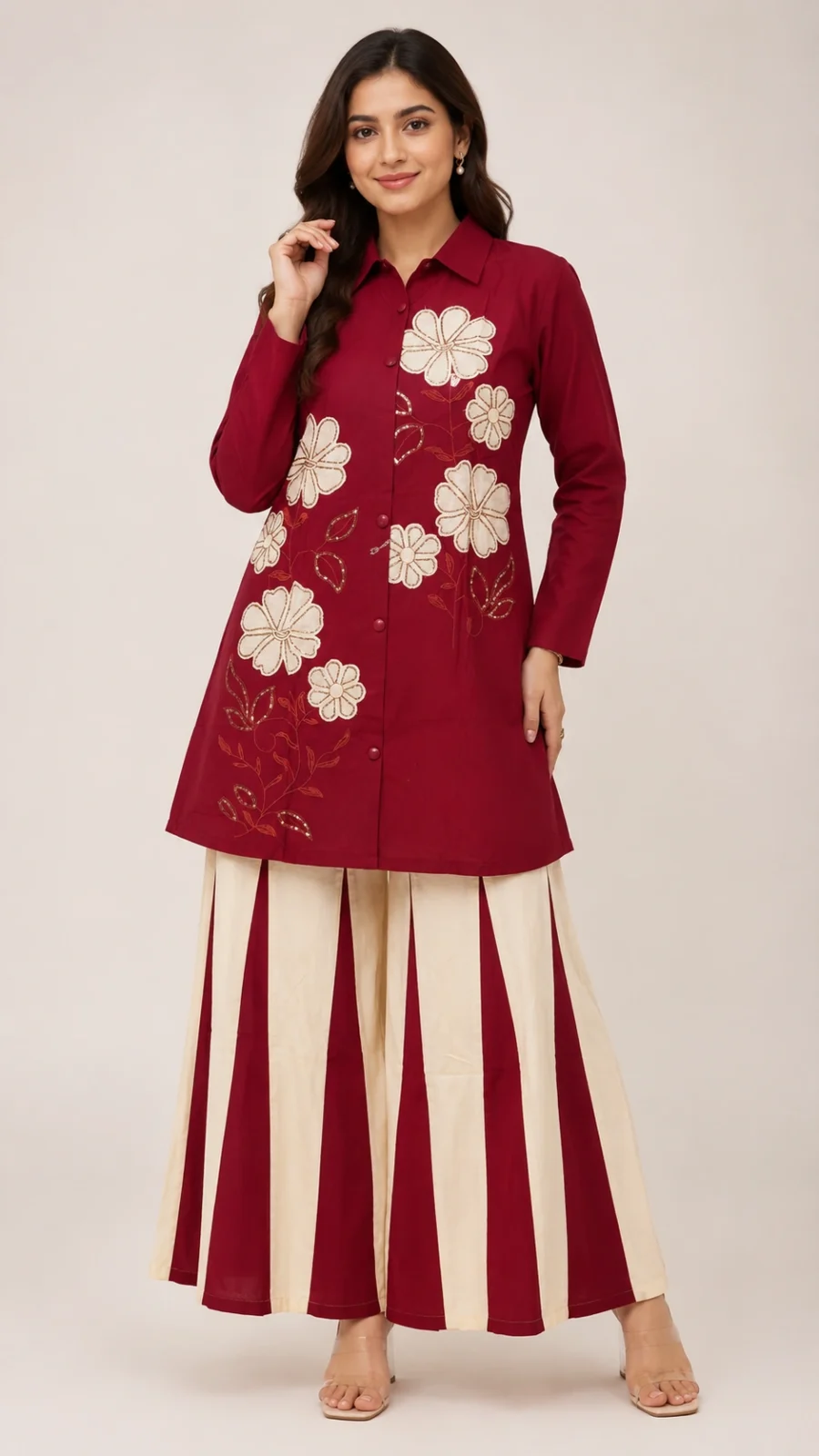 Maroon Floral Embroidered Co-Ord Set with Striped Flared Pants