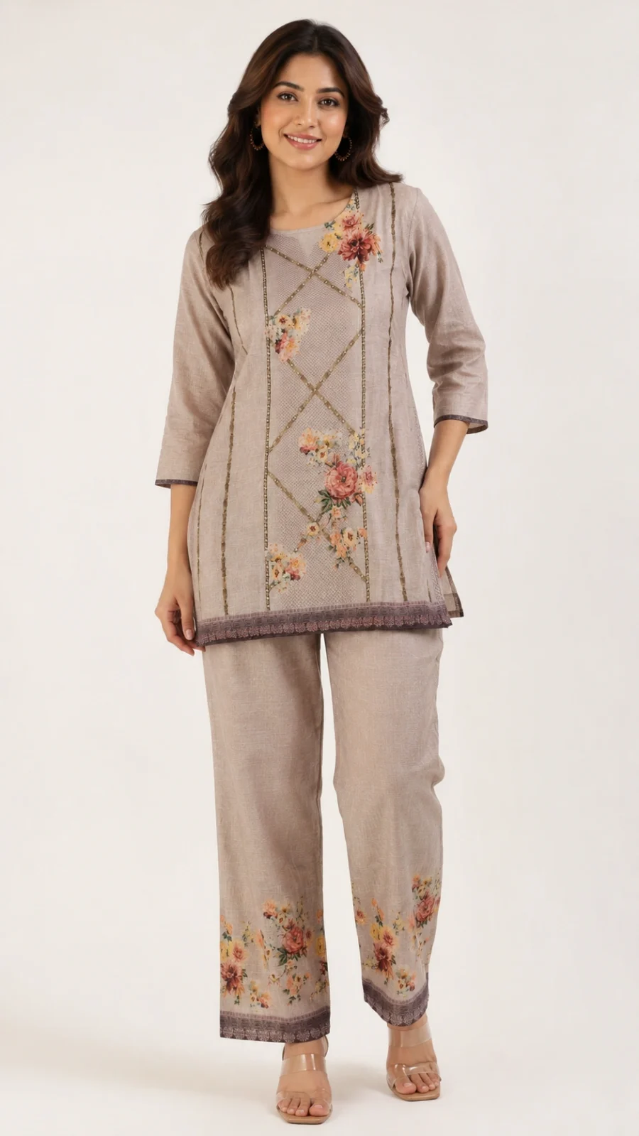 Blush Beige Floral Printed Co-Ord Set for Women
