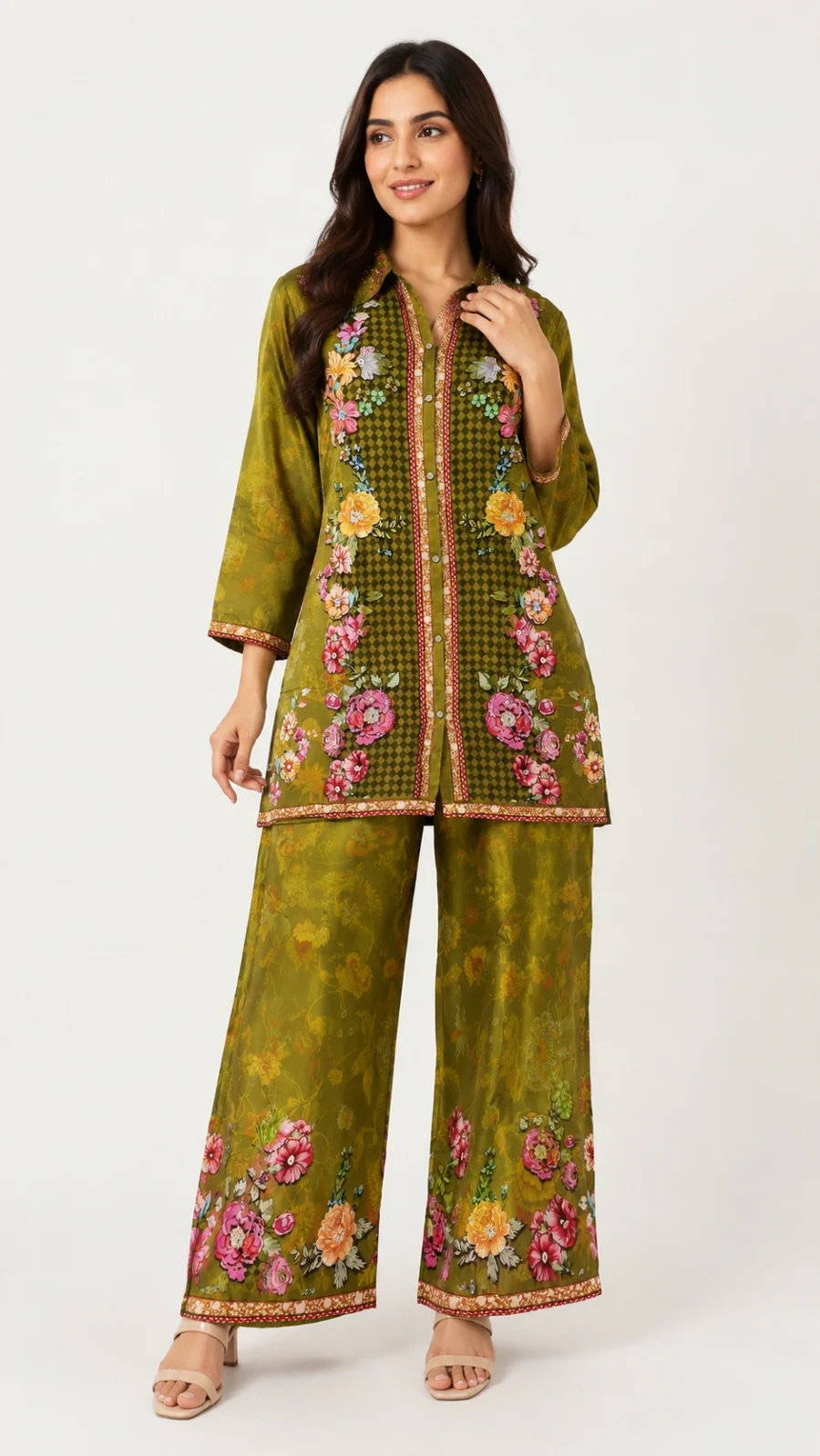 Olive Floral Printed Co-ord Set with Embellished Collar