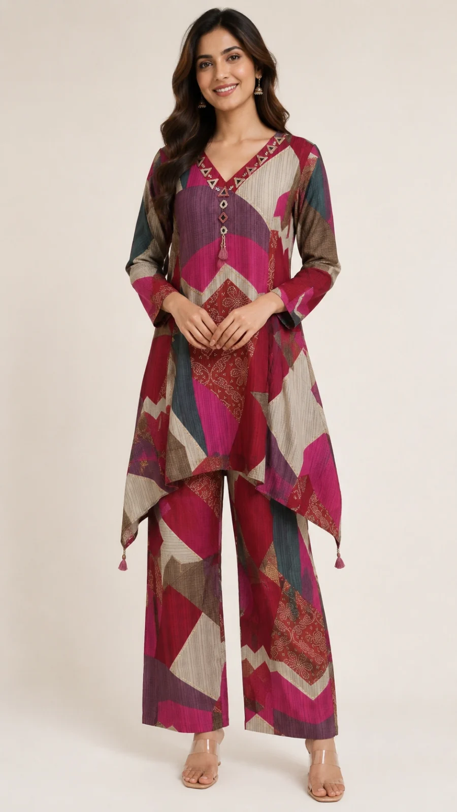 Geometric Print Asymmetric Kurta & Palazzo Co-Ord Set