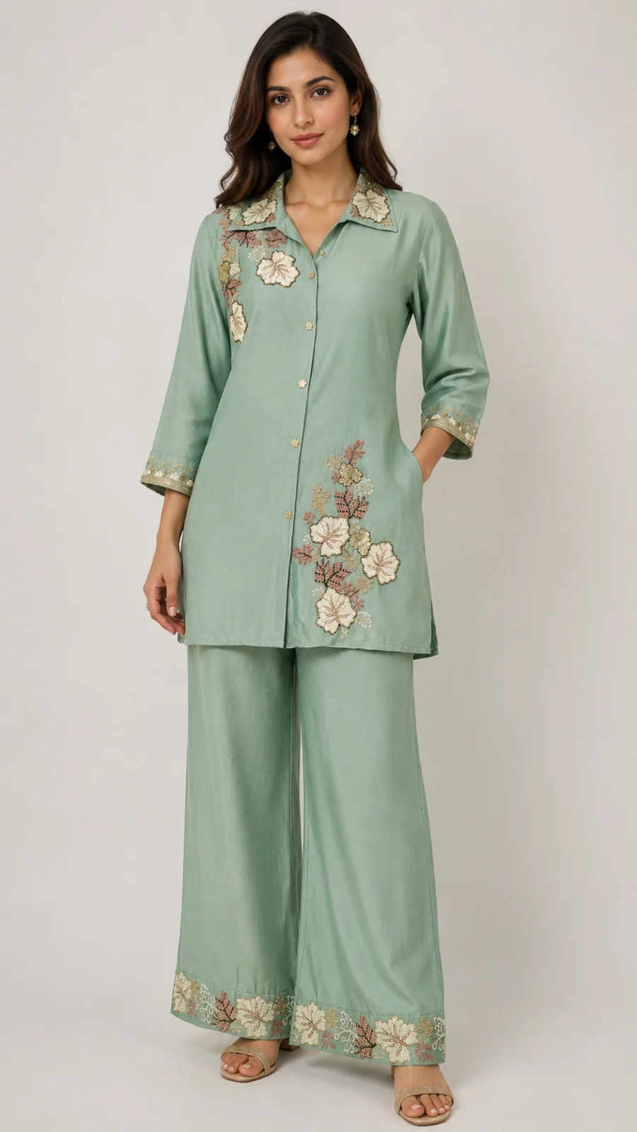 Sage Green Floral Embroidered Co-ord Set