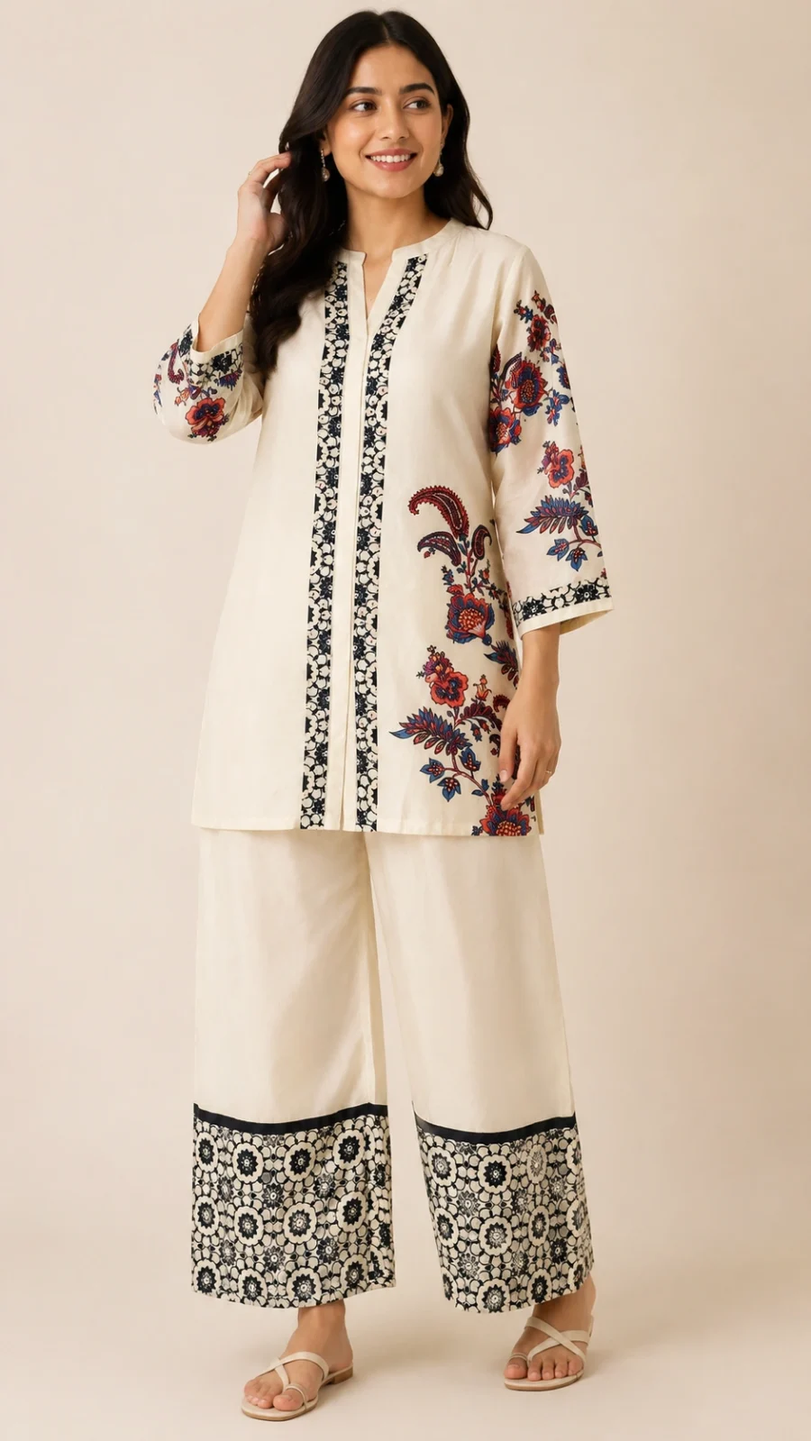 Ivory Floral Printed Co-Ord Set with Wide-Leg Pants