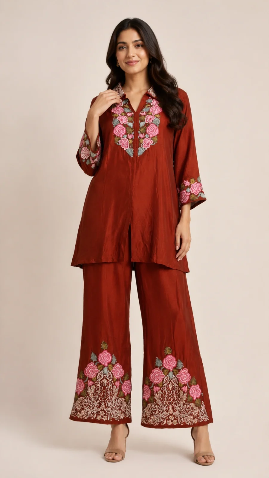 Rust Floral Embroidered Co-ord Set