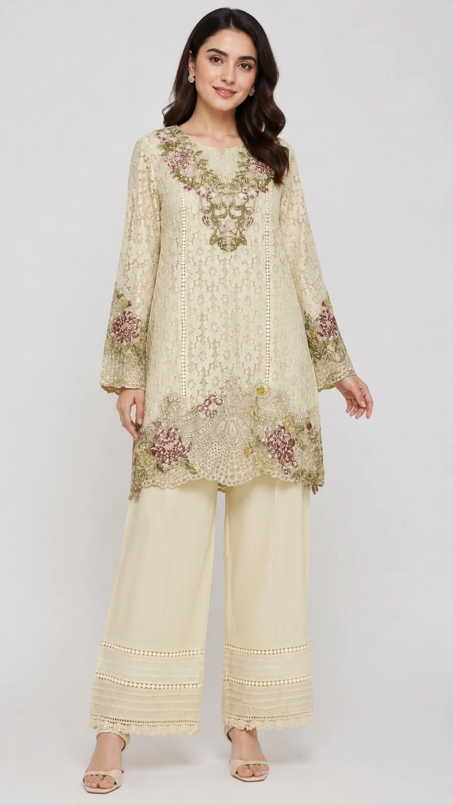 Ivory Floral Embroidered Lace Co-ord Set